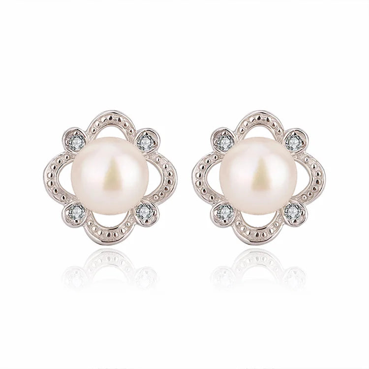 Pearl and cubic zirconia stud 925 sterling silver freshwater cultured pearl earrings with cubic zirconia