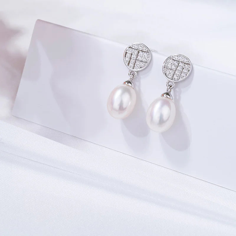 Wedding diamonds pave set 925 sterling silver freshwater pearl dangle drop earrings