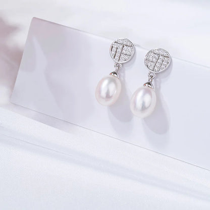 Wedding diamonds pave set 925 sterling silver freshwater pearl dangle drop earrings