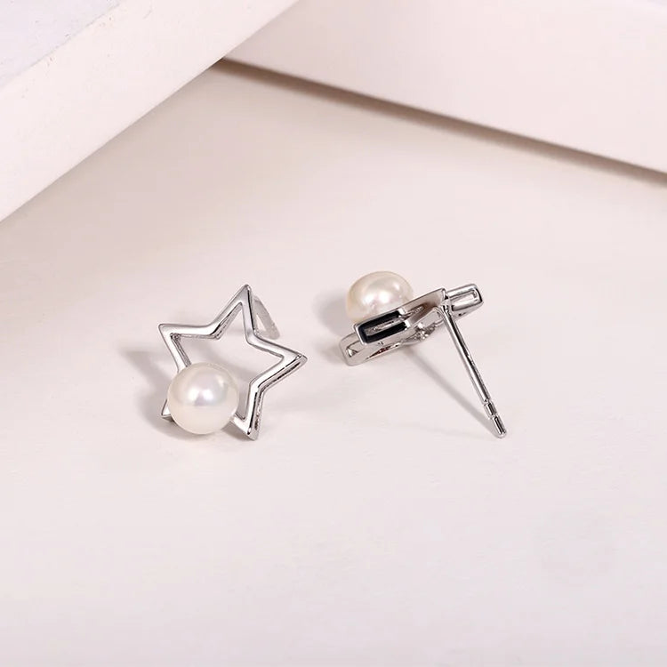 Fashion jewelry 925 sterling silver natural freshwater real pearl exquisite star stud earrings for women