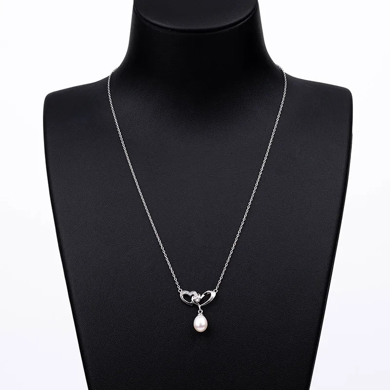 925 sterling silver hollow double love heart entwined shaped cultured freshwater pearl pendant diamond silver necklace