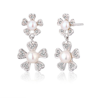 Fancy double pearl flower stud 925 sterling silver freshwater cultured pearl earrings