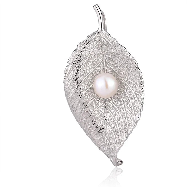 Custom jewelry 925 sterling silver diamond fashion leaf pearl pendant for necklace