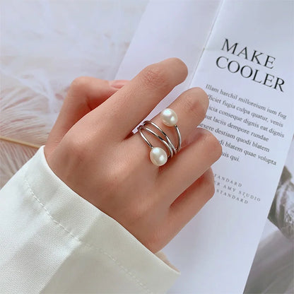 Beautiful fashionable double ring double fresh water pearl 925 sterling silver ring with two pearls