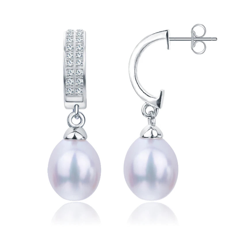 Wedding diamonds pave set 925 sterling silver freshwater pearl dangle drop earrings