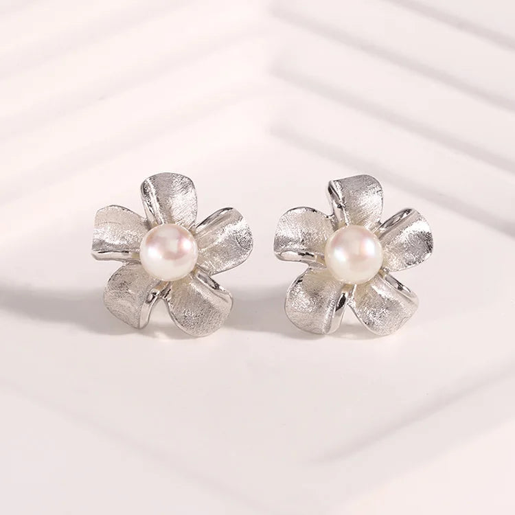 Flower floral studs 925 sterling silver real freshwater cultured pearl earrings