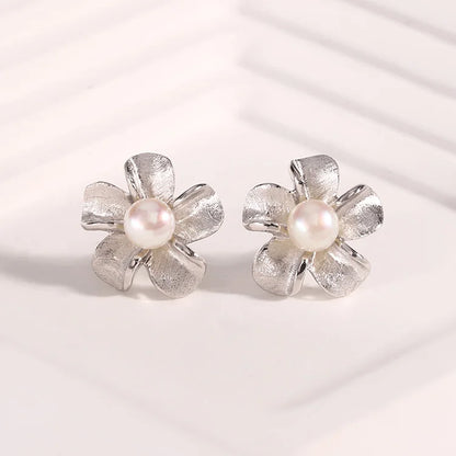 Flower floral studs 925 sterling silver real freshwater cultured pearl earrings