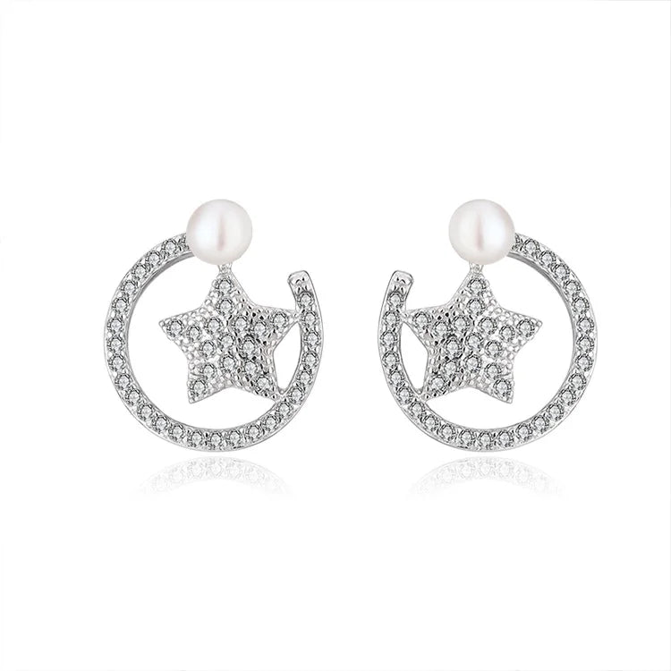 Pave zircon star hoop stud 925 sterling silver freshwater cultured pearl earrings