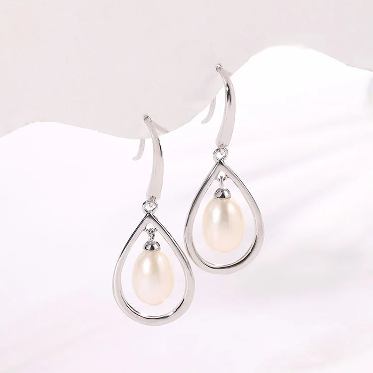 Dangle drop hook crochet teardrop 925 sterling silver freshwater cultured pearl earrings