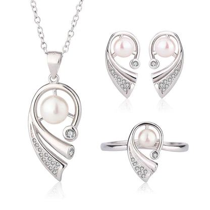 Fashion pearl jewelry 925 sterling silver earrings pendant ring and necklace sets