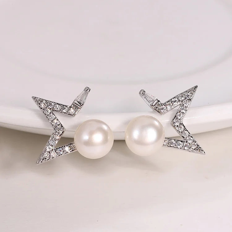 Fashion women jewelry earrings pentagram exquisite star silver pearl stud earrings