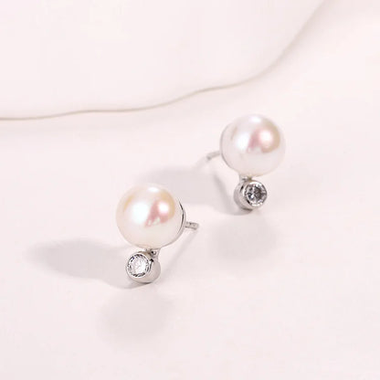 Small round stud 925 sterling silver freshwater cultured pearl earrings with a diamond