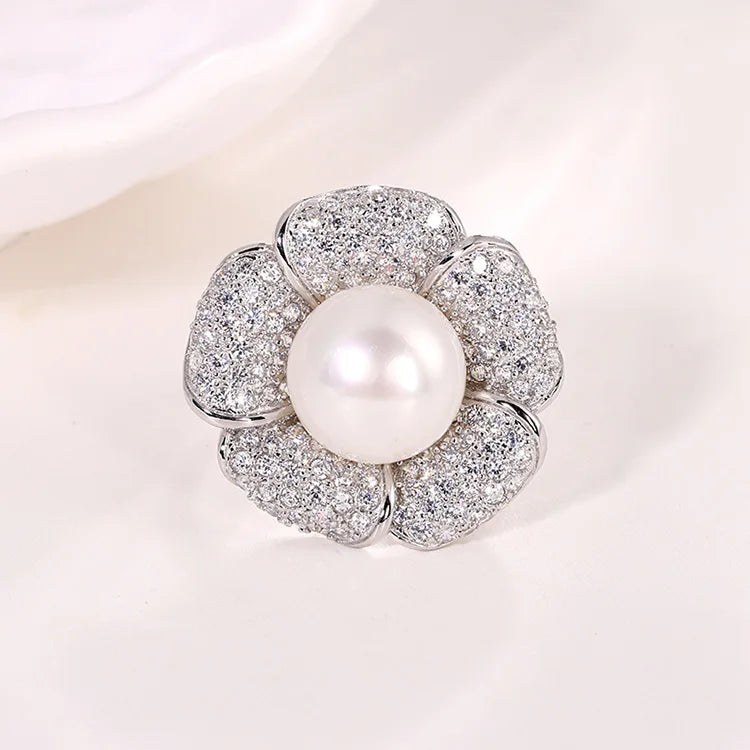 Fashionable Special 925 Sterling Silver Flower Shape Big Pearl Ring with Fine Zircon Diamonds