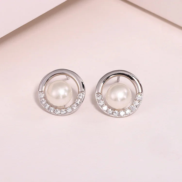 Custom logo zircon diamond gemstone circle round real pearl stud earrings for women