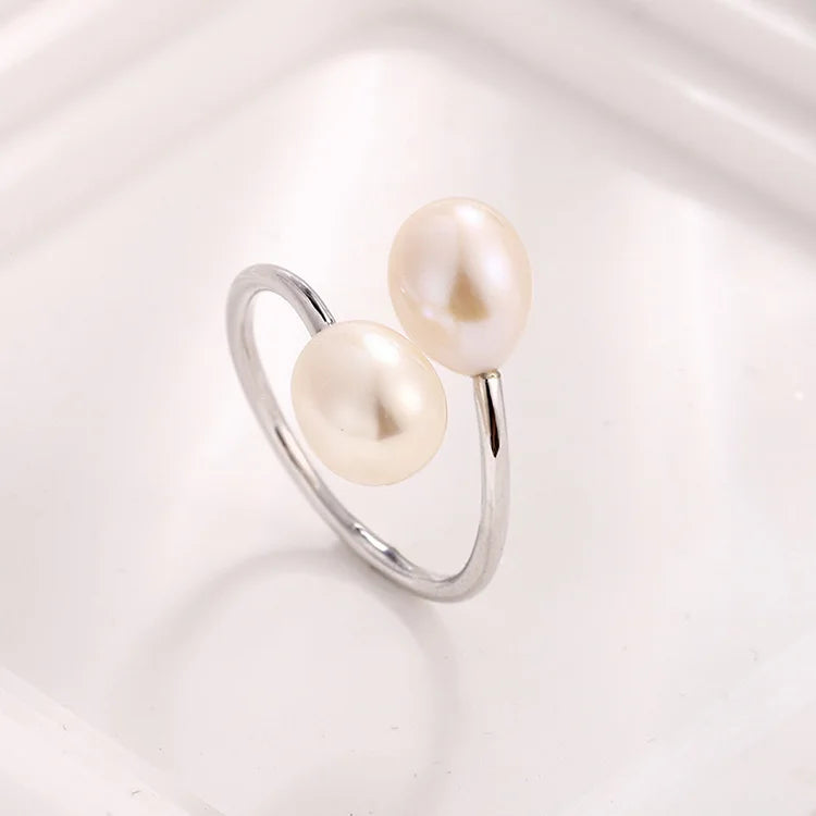 Wholesale jewelry women minimalist 925 sterling silver ring with 2 pearls