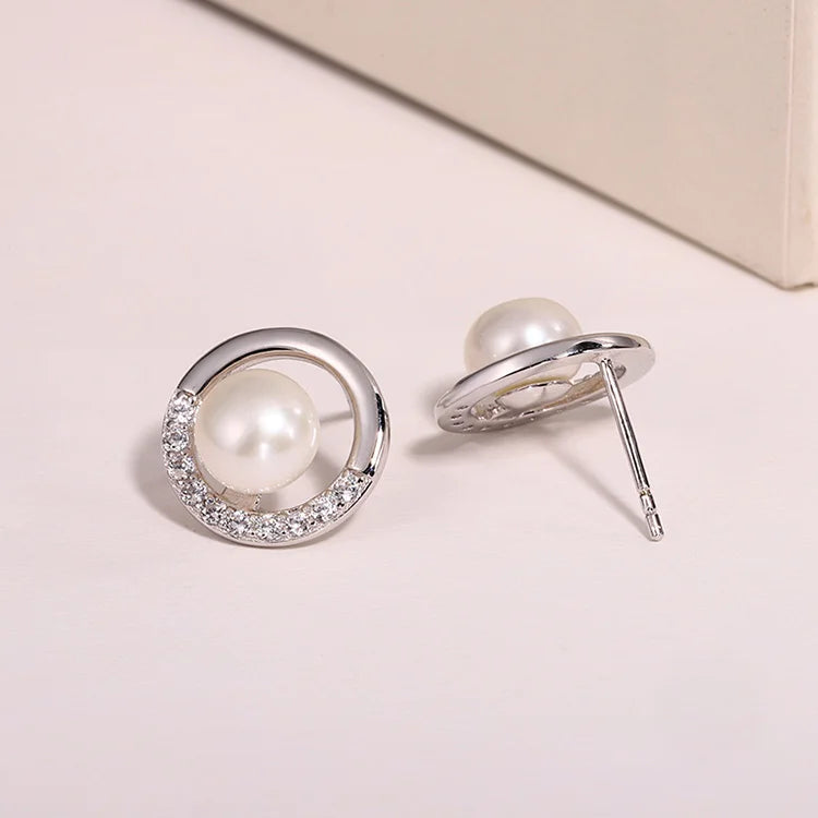 Custom logo zircon diamond gemstone circle round real pearl stud earrings for women