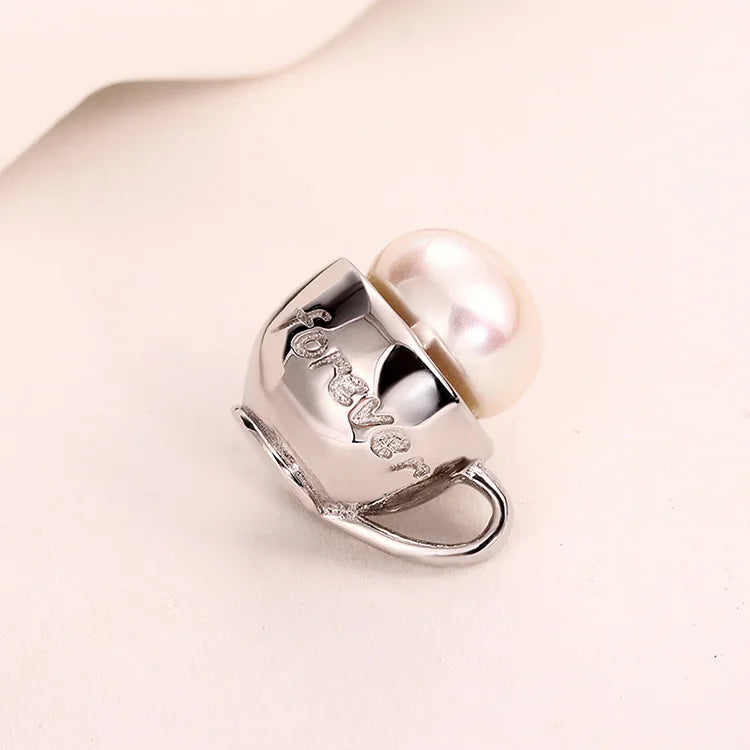 Delicate lovely 925 sterling silver water cup shape pendant with a pearl