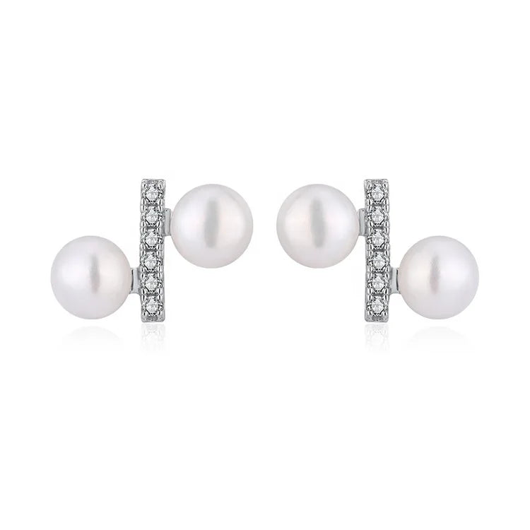 OEM luxury irregular shape earings jewelry women zirconia s925 sterling silver mini studs earring with natural real pearl