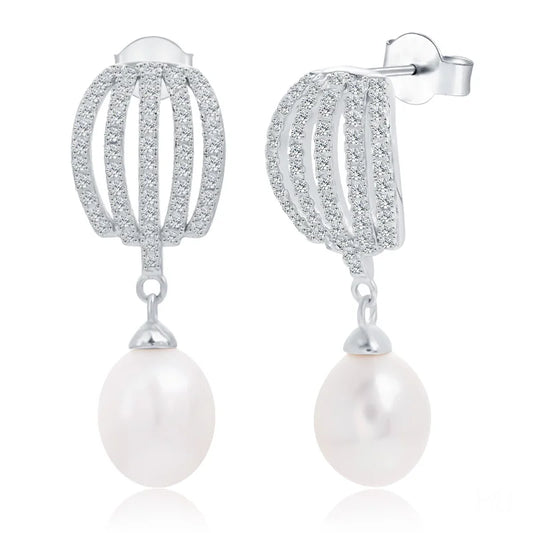 Wholesale New Products waterproof rhodium plated freshwater pearl 925 silver zircon earrings for women