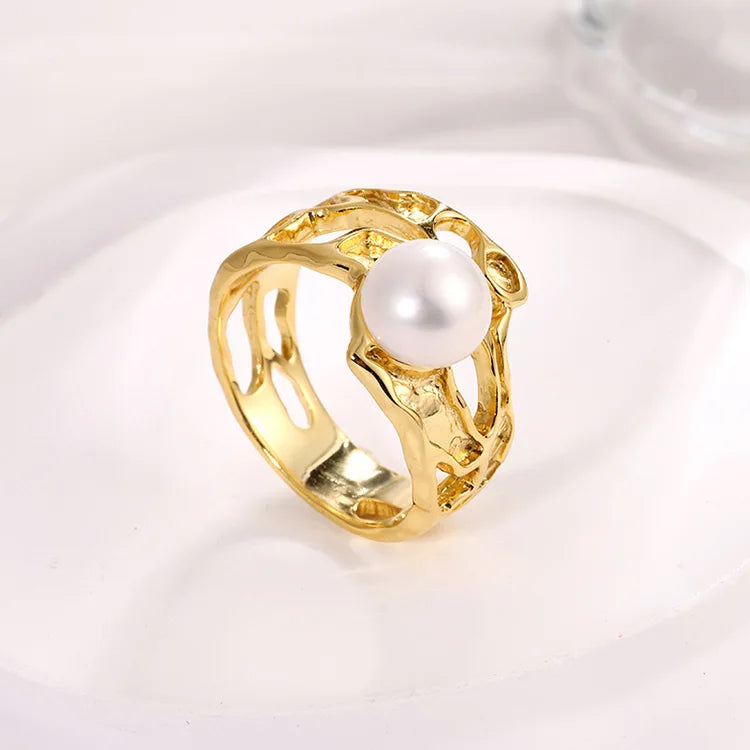 Exquisite stylish 18k gold plated hollow 925 sterling silver lady women ring with real freshwater pearl