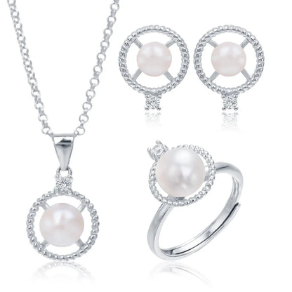 Fashionable 925 silver jewelry set, pearl jewelry, earrings, rings, necklaces, perfect for various occasions such as weddings.