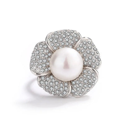 Fashionable Special 925 Sterling Silver Flower Shape Big Pearl Ring with Fine Zircon Diamonds