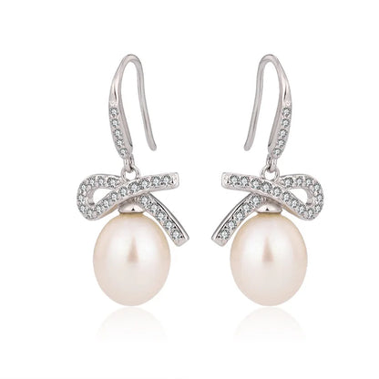 Irregular 925 sterling silver freshwater cultured pearl crochet fish hook earrings with cz diamond setting