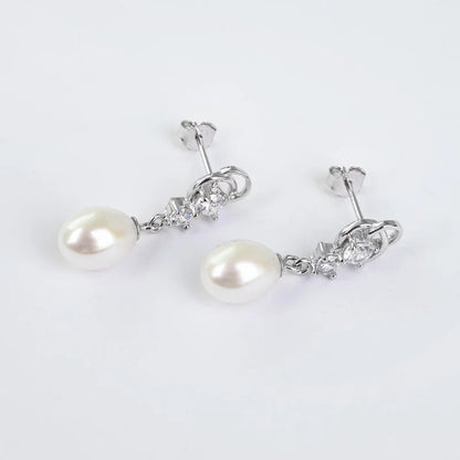 New designs cubic zirconia 925 sterling silver freshwater pearl dangle drop zircon earrings