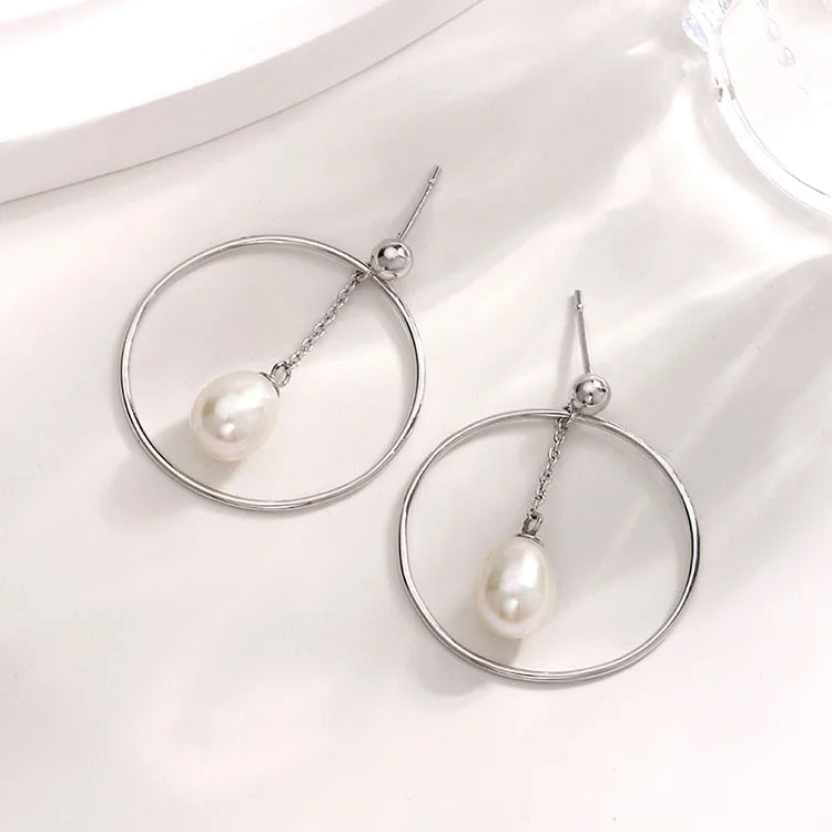 New trendy fashion 925 sterling silver pearl large big hoop earrings