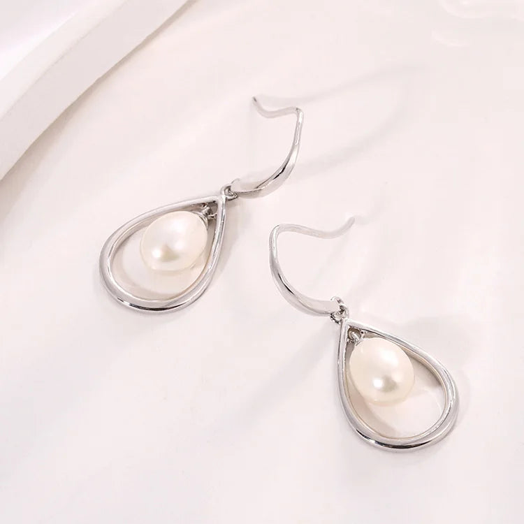 Dangle drop hook crochet teardrop 925 sterling silver freshwater cultured pearl earrings