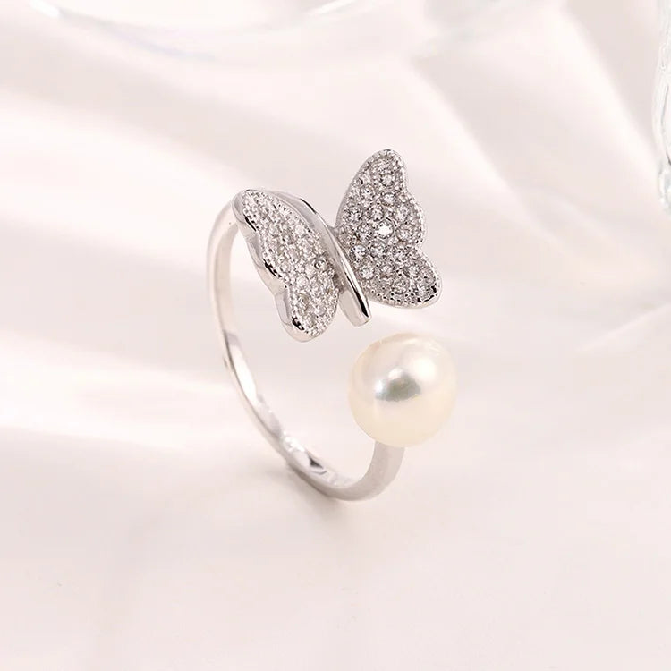 925 Sterling Silver Diamond Set Freshwater Pearl Butterfly Open Adjustable Ring