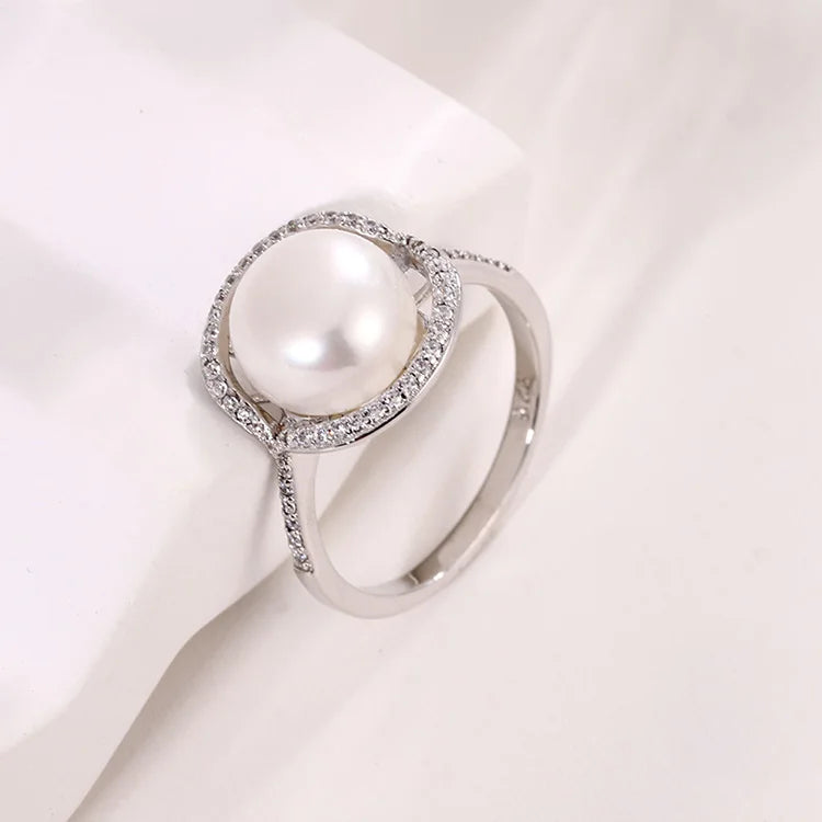 Customizable jewelry small zircon moissanite diamond set 925 sterling silver rings with round big pearl