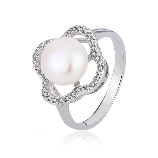 Hollow petal shape 925 pure sterling silver pearl women ring with small fine diamonds inlaid