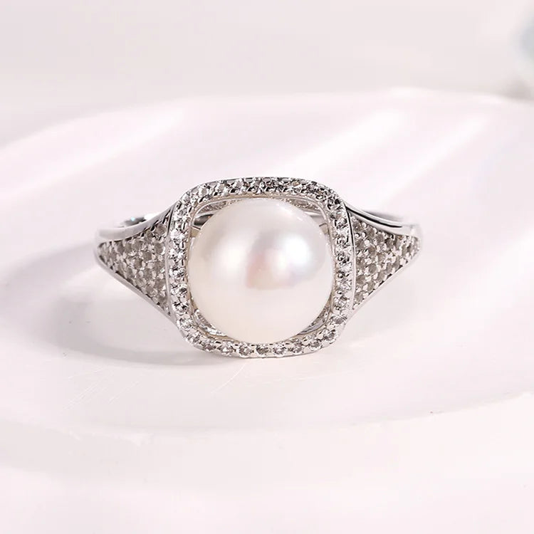 Inlaid small fine diamond 925 sterling silver freshwater pearl high-end luxury ring for ladies