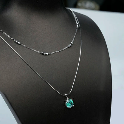 Jeweller Buy Green Moissanite Diamond 925 Sterling Silver Double Layer Choker Pendant Necklace with Link Chain Stylish Shape Gift Wedding