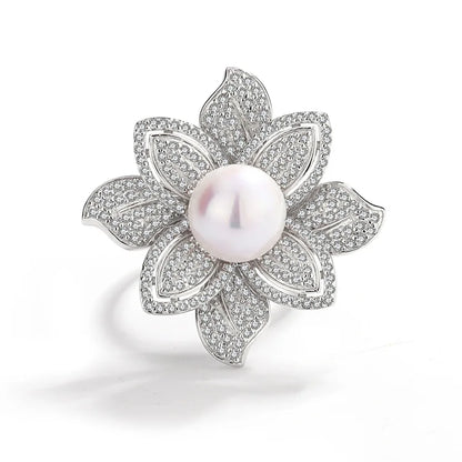 Fashion luxurious diamond set 925 sterling silver cultured natural freshwater pearl flower shape ring for women