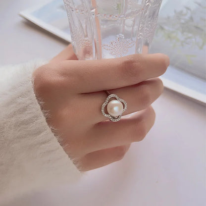 Hollow petal shape 925 pure sterling silver pearl women ring with small fine diamonds inlaid