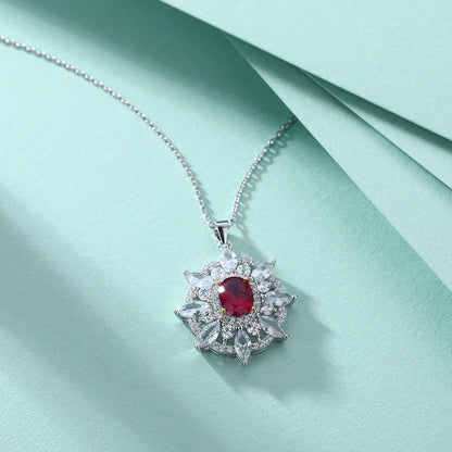 New Arrive Silver Necklace Sunflower Shaped Initial Ruby Gemstone Non Fading 925 Silver Luxury Necklaces for Party