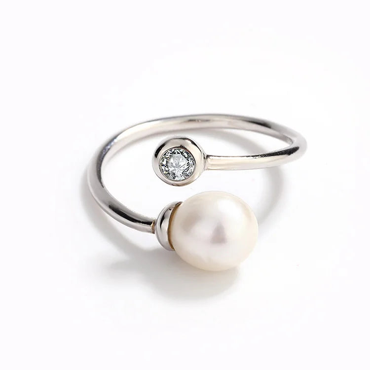 Simple 925 sterling silver opening adjustable fashion pearl ring with diamond