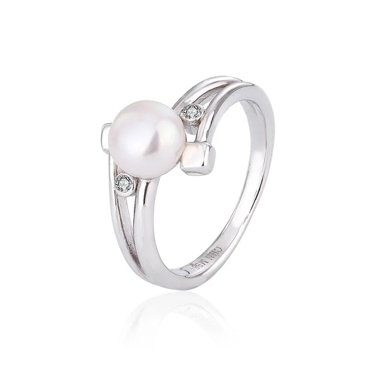 Original ladies women diamond wedding sterling silver simple white freshwater pearl ring with a pearl