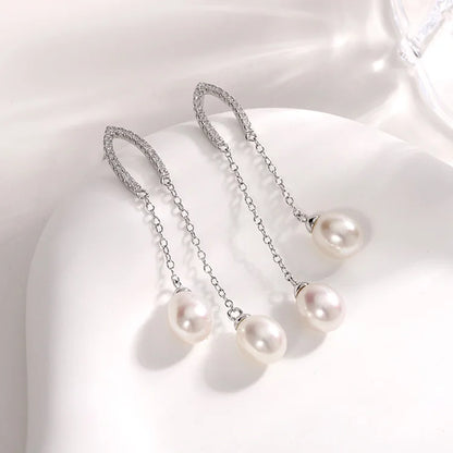 925 sterling silver cubic zirconia diamond freshwater pearl long drop dangle earings