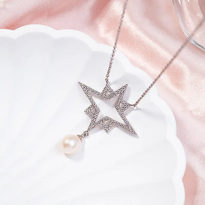 Wholesale price original cultured real pearl sterling silver star pendant necklace with diamond setting