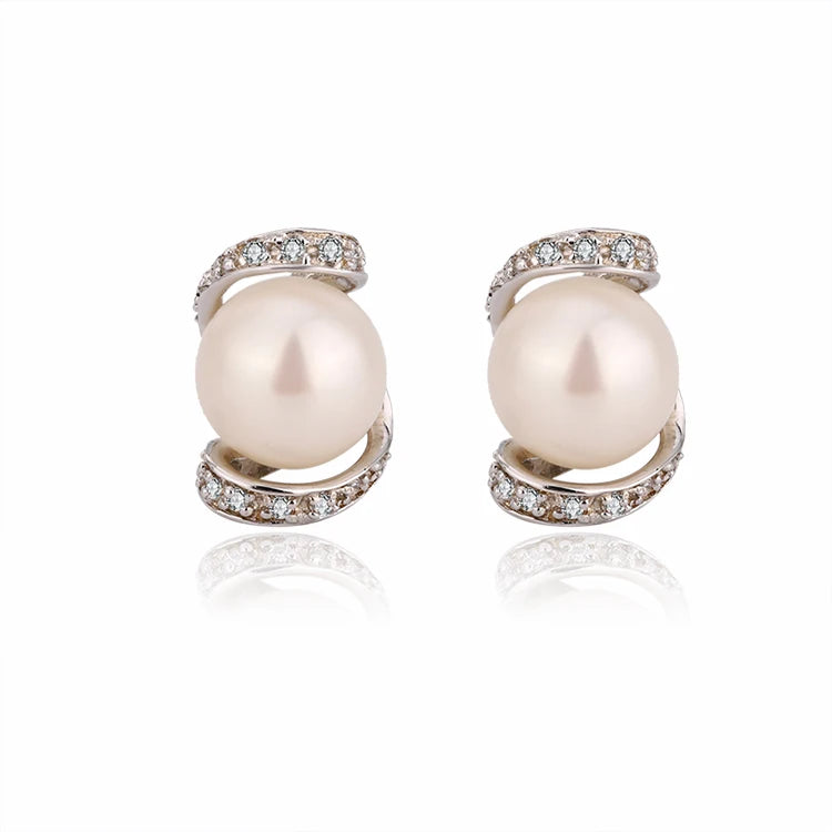 Vintage cubic zirconia diamond and pearl stud wedding 925 sterling silver freshwater cultured pearl earrings