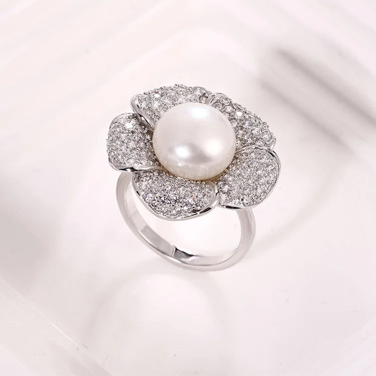 Fashionable Special 925 Sterling Silver Flower Shape Big Pearl Ring with Fine Zircon Diamonds