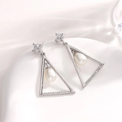 Wholesale bulk fashion statement luxury jewelry ladies womens 925 silver pearl triangle triangle earrings