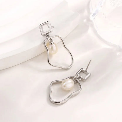 Custom logo ladies jewelry irregular shape 925 silver hoop funky pearl earrings