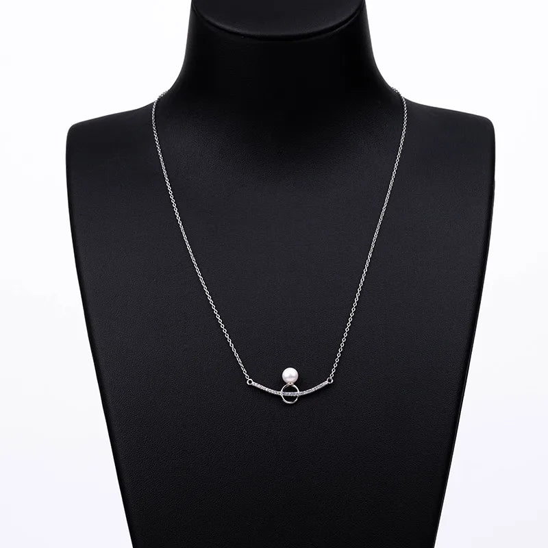 High quality rhodium plated 925 sterling silver minimalist simple necklace with a pearl