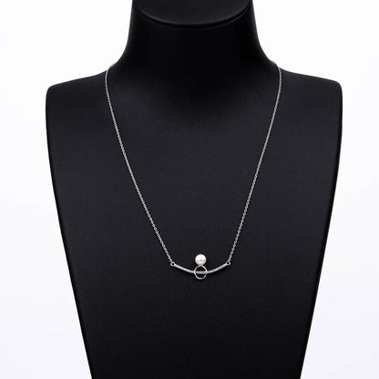 High quality rhodium plated 925 sterling silver minimalist simple necklace with a pearl