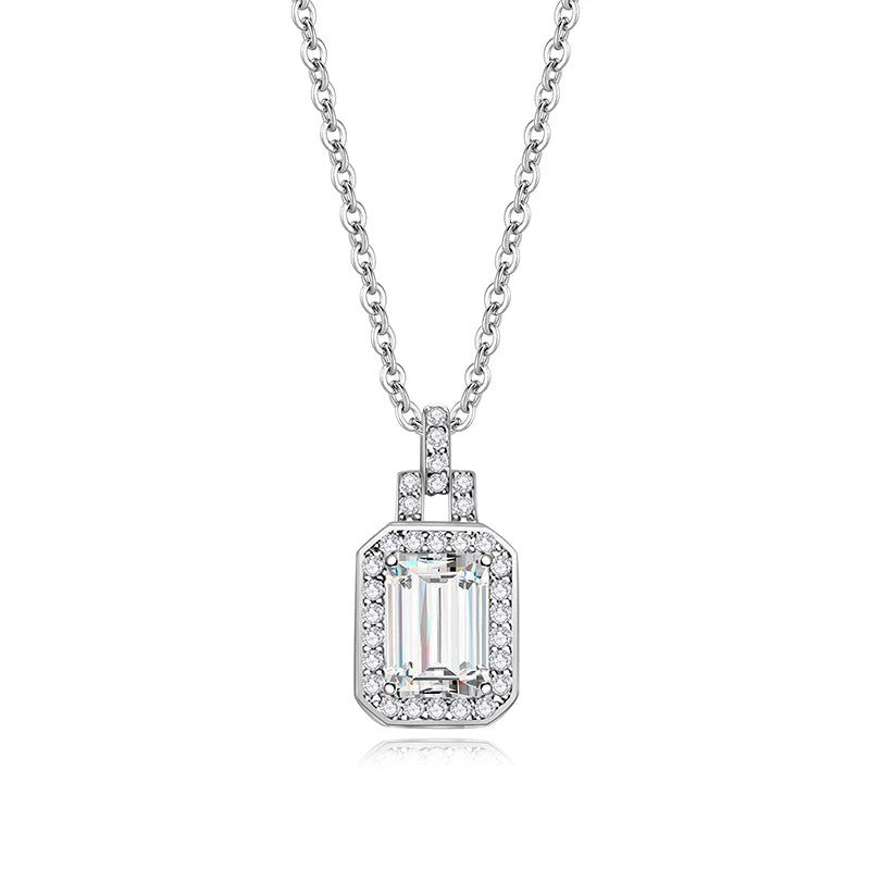 Jeweller Buy 925 Sterling Silver Link Chain Pendant with Emerald Cut White Moissanite Trendy Necklace