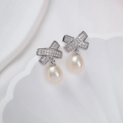 2024 Fashion Women Jewelry 925 Silver Two Pearl Water Drop Rice Pearl Drop Stud Earrings Rhodium-Plated Pearl Earrings